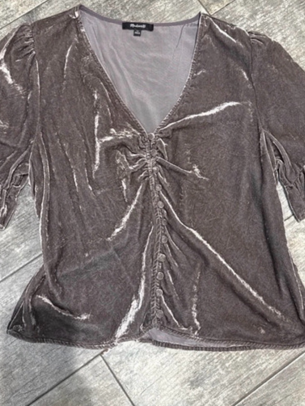 Velvet Ruched Front V-Neck Top in Charcoal